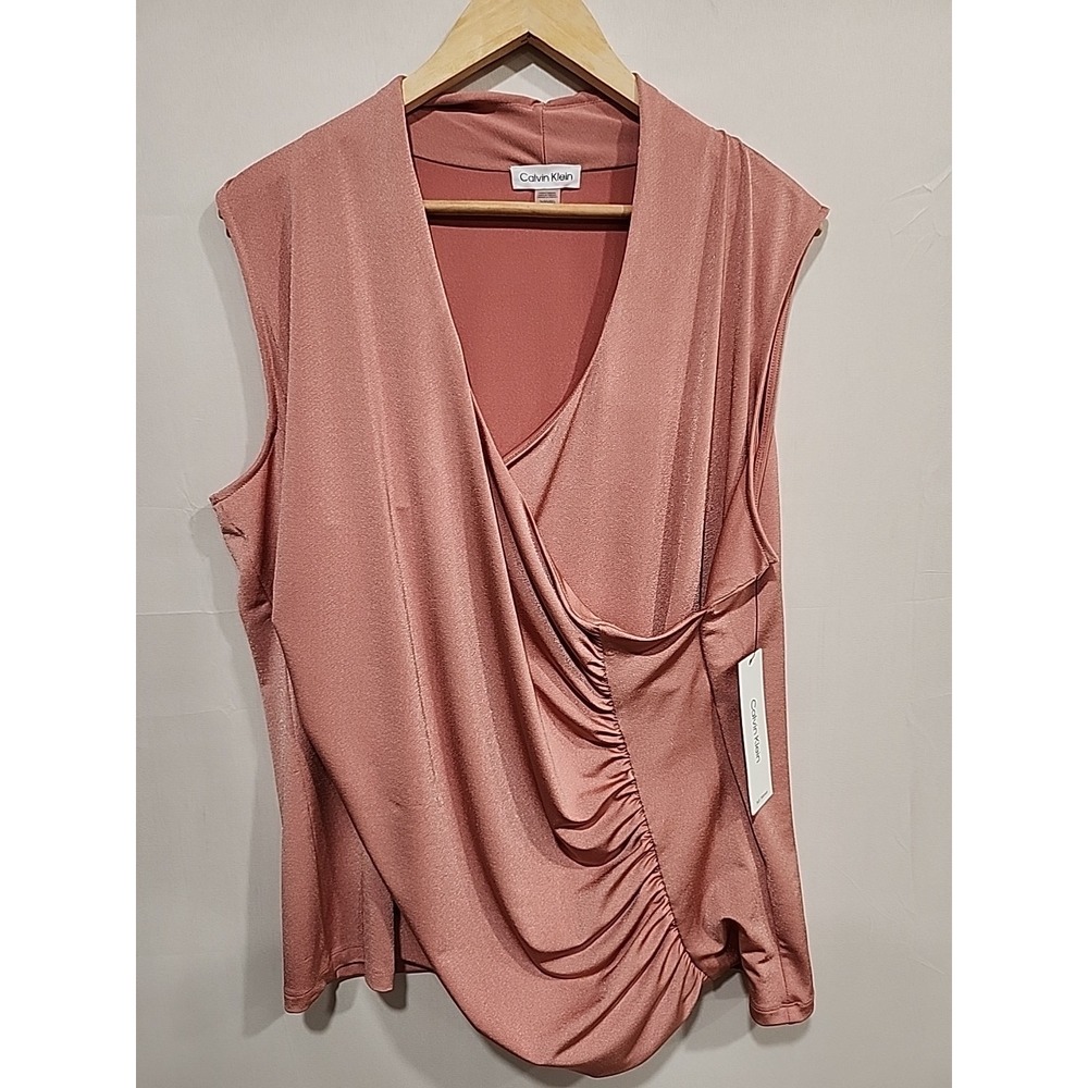 Calvin Klein NWT Blouse Womens 1X Rose‎ Pink, Gathered Draped Sleeveless